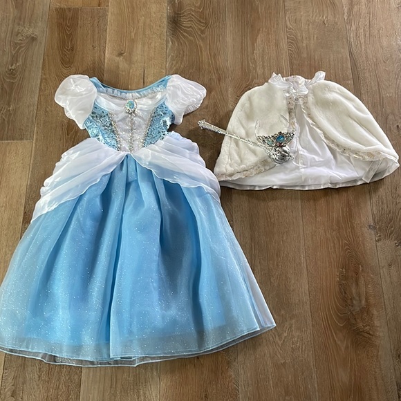 Beautiful Cinderella Dress with white cape, wand and Tiara.